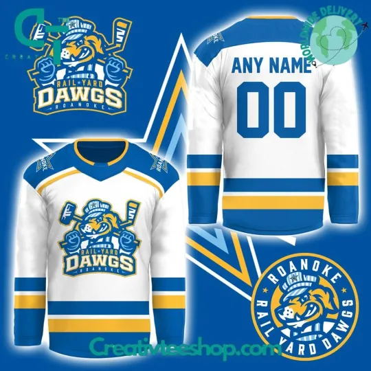 Discover Roanoke Rail Yard Dawgs Special New Logo Custom Hockey Jersey – White