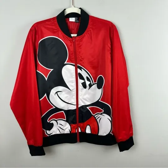 Discover Disney Mickey Mouse Red Bomber Jacket Unisex Size L – Bold Graphic Satin Zip-Up