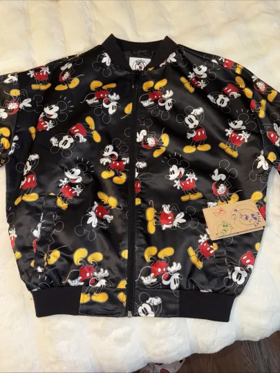 Discover Disney Mickey & Co Bomber Jacket XS Mickey Mouse Print Black Oversized Zippered