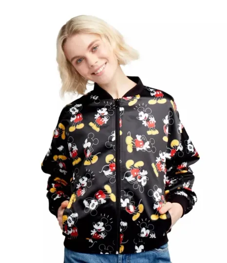 Discover Disney Mickey & Co Bomber Jacket XS Mickey Mouse Print Black Oversized Zippered