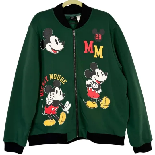 Discover Disney Mickey Mouse Graphic Print Zip Up Felt Lined Bomber Varsity Jacket Small