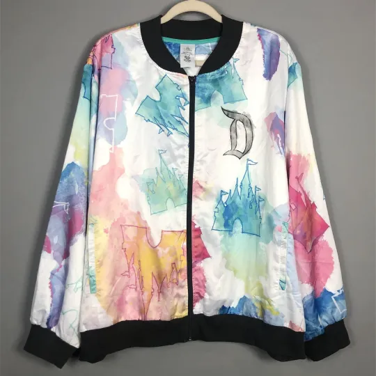 Discover Disneyland Watercolor Castle Print Satin Bomber Jacket Womens 3X White Full Zip