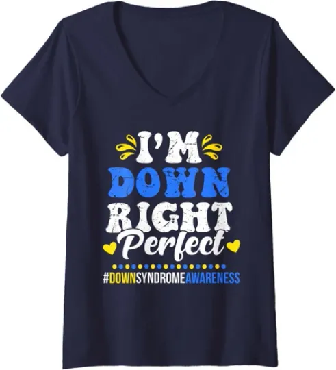 Discover Down Right Perfect Groovy World Down Syndrome Ladies' V-Neck Tshirt
