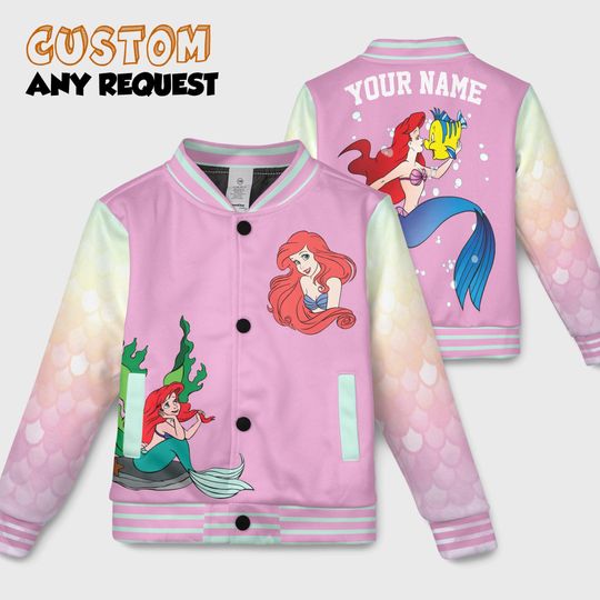Discover Custom Disney Ariel Sebastian Flouder Locket Coquette Bow Kids and Youth Baseball Jacket, Aldult Unisex Varsity Baseball Jacket
