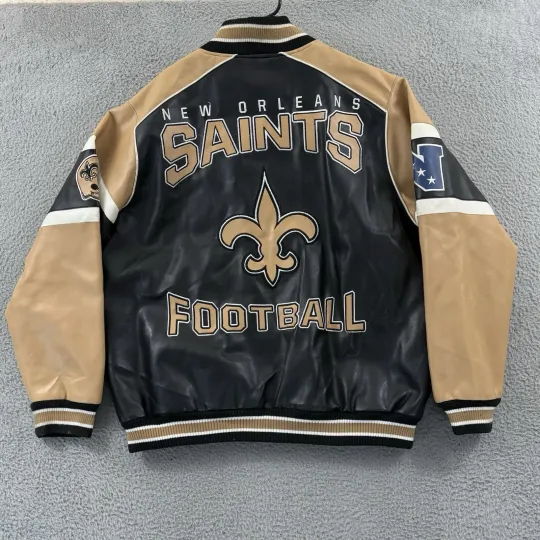 New Orleans Saints Jacket Mens XL Black Gold football Football Faux Leather Bomber