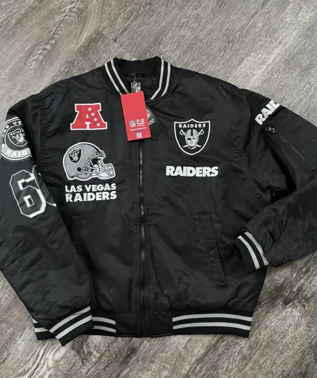 football Las Vegas Raider Bomber Varsity Jacket Letterman Black Grey Men sz M