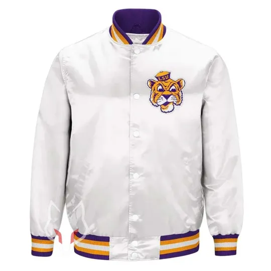 Discover LSU Tigers White Satin Jacket Bomber Football College University Jacket