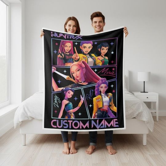 Discover Custom Huntrix Fleece Blanket with Name, K-pop Demon Hunters Birthday Blanket, Personalized Demon Hunter Blanket