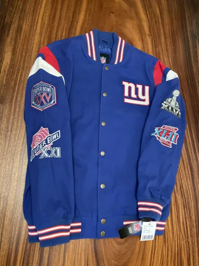 New Large Mens New York Giants 4 Time Super Bowl Champ Bomber Patch Jacket