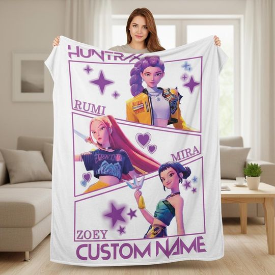 Discover Custom Huntrix Fleece Blanket with Name, K-pop Demon Hunters Birthday Blanket, Personalized Hunter Blanket