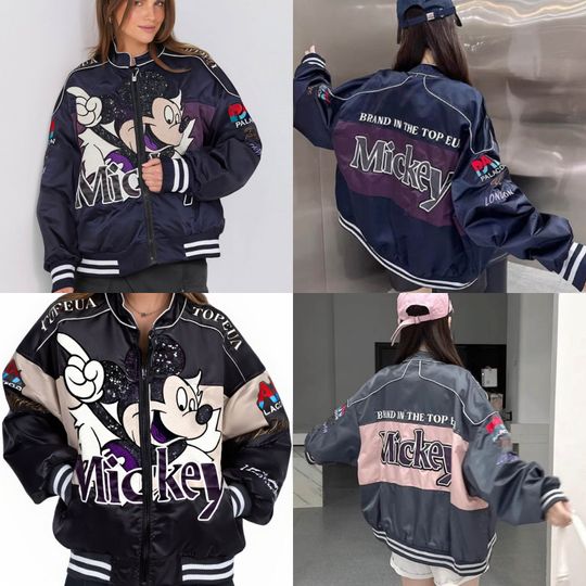 Discover European and American fashion brand heavy industry embroidered Mickey cartoon printed baseball jacket casual versatile jacket