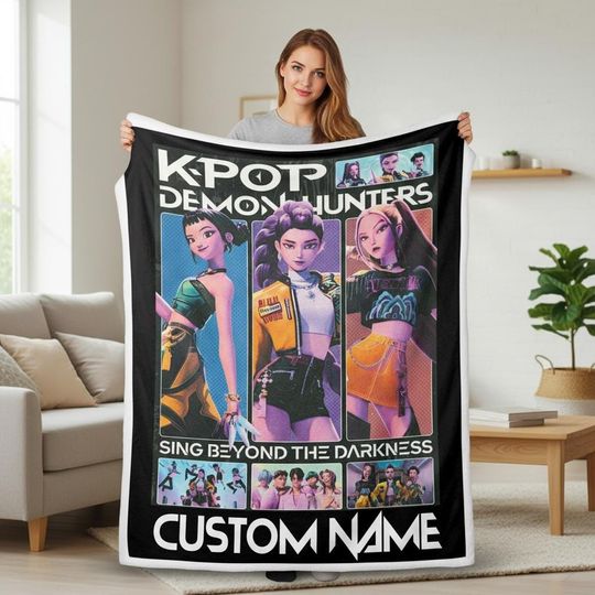 Discover Custom Huntrix Fleece Blanket with Name, K-pop Demon Hunters Birthday Blanket, Personalized Demon Hunter Blanket