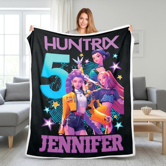 Discover Custom Huntrix Blanket with Name, K-pop Demon Hunters Birthday Blanket, Personalized Kpop Demon Hunter Blanket, Custom Huntrix Blanket