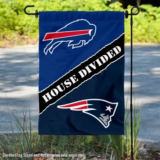 Discover Bills and Patriots House Divided Garden Flag