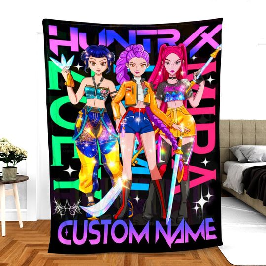 Discover Personalized Huntrix Girls Blanket, Custom Kpop Demon Hunter Fleece Blanket, Anime Demon Hunters Blanket