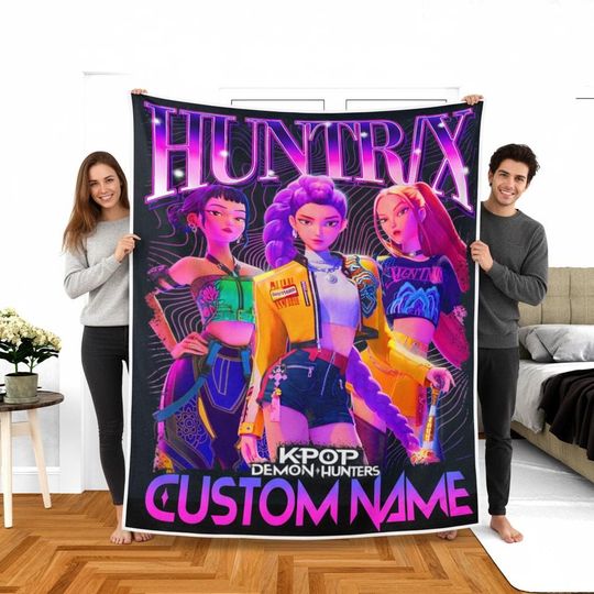 Discover Personalized Huntrix Girls Blanket, Custom Kpop Demon Hunter Fleece Blanket