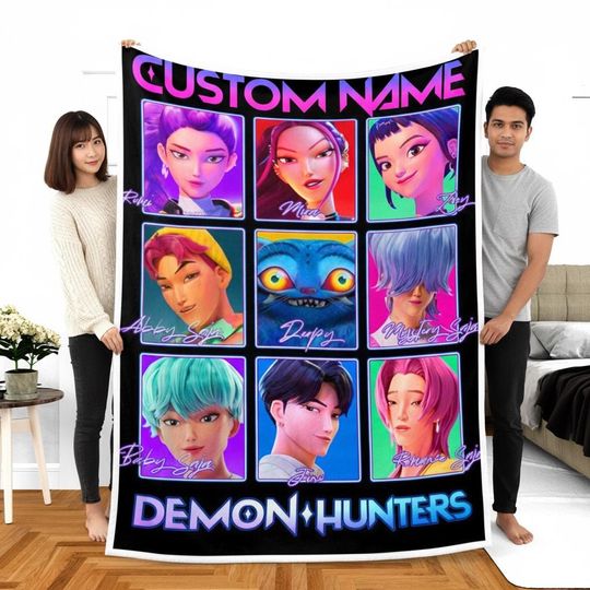 Discover Personalized Huntrix Girls Fleece Blanket, Custom Kpop Demon Hunter Anime Blanket