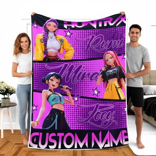 Personalized Huntrix Girls Blanket, Custom Kpop Demon Hunter Fleece Blanket, Anime Demon Hunters Blanket