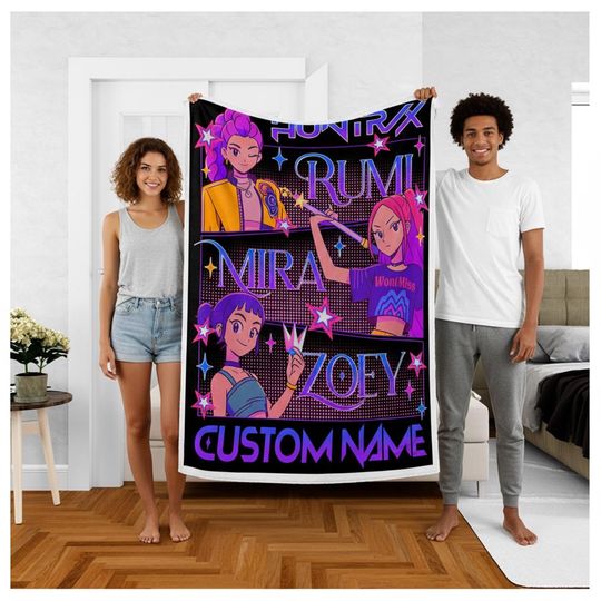 Personalized Huntrix Girls Blanket, Custom Kpop Demon Hunter Fleece Blanket, Anime Demon Hunters Blanket