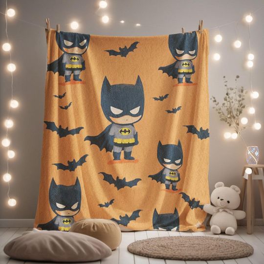 Sherpa Fleece, Velveteen Plush, Chibi Cartoon Superhero, Chibi Batman Hero, Kids Room Decor, Birthday Gift, DC Fan Gift