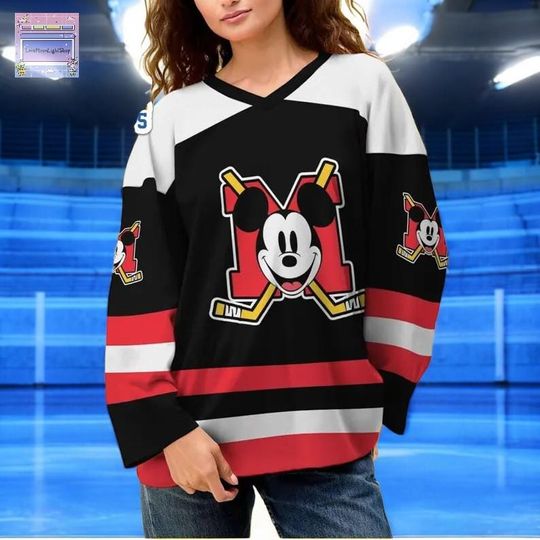 Discover Custom Mickey Mouse Black And Red Hockey Jersey, Disney Sports Jersey, Cute Birthday Gift For Fans & Disneyland Family