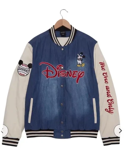 Discover Disney Mickey Mouse Baseball Denim Bomber Jacket Size Medium- BoxLunch Exclusive