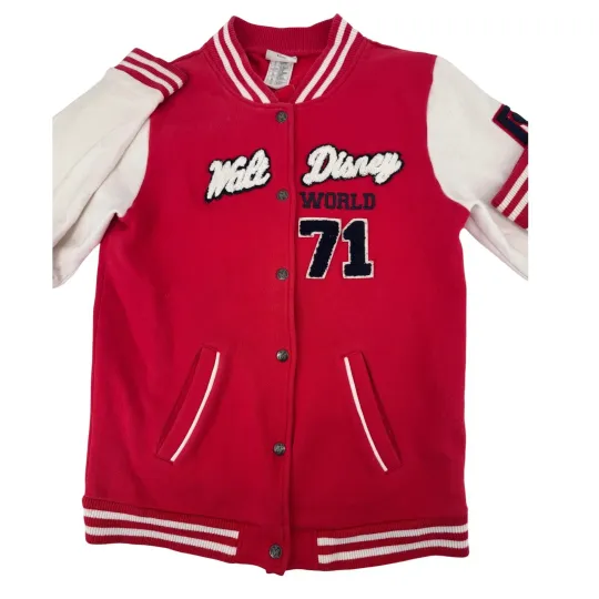 Discover Walt Disney Parks World 71 Varsity Jacket L Stain Mens Red White Baseball Stain
