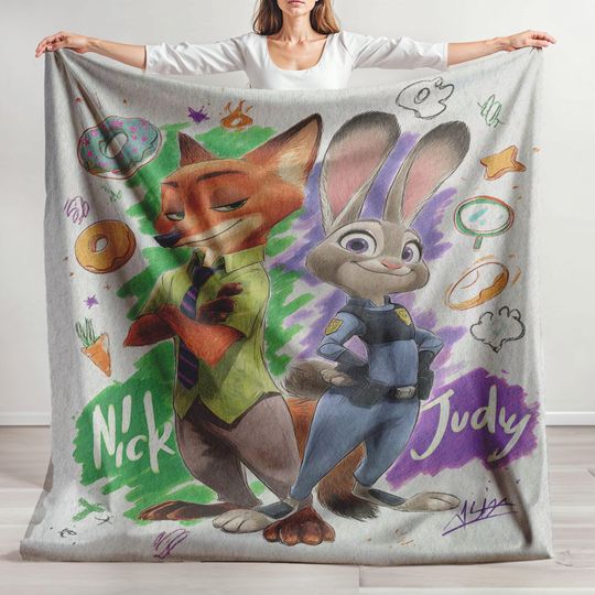 Discover Minky Blanket, Sherpa Fleece, Velveteen Plush, Zootopia Nick And Judy, Fox And Rabbit Bestie Friends, Police Officer, Disney Movie Gift