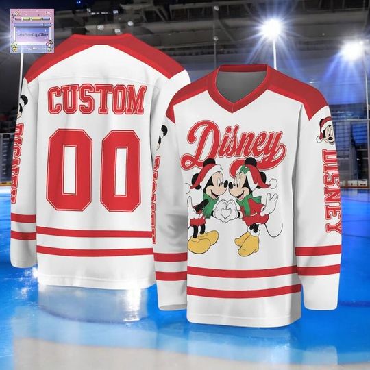 Discover Personalized Disney Mickey & Minnie Christmas Hockey Jersey, Holiday Disney Hockey Outfit, Gift For Hockey Fans