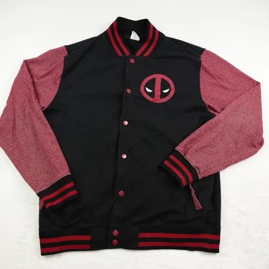 Marvel Deadpool Varsity Jacket Men Large Black Red Snap Front Cotton Blend
