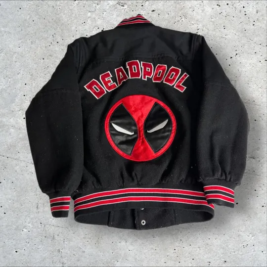 Kids Marvel Deadpool Men's Varsity Style Jacket Red Black Snap Button Up Size S