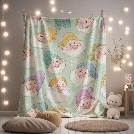 Discover Minky Blanket, Sherpa Fleece, Velveteen Plush, Snow White Seven Dwarfs, Fairy Tale, Disney Character Family Bedding, Playful Dwarf Pattern