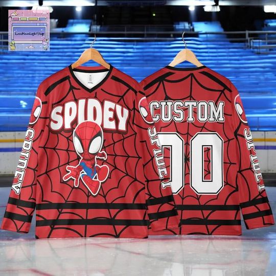Discover Personalized Spidey Marvel Hockey Jersey, Custom Cartoon Shirt, Team Outfit For Family Trips, Birthday Gift For Superhero Fans