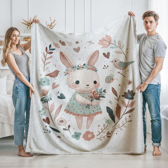 Discover Minky Blanket, Sherpa Fleece, Velveteen Plush, Bunny Rabbit, Woodland Nursery, Cottagecore Animal, Floral Wreath Baby, Easter Gift