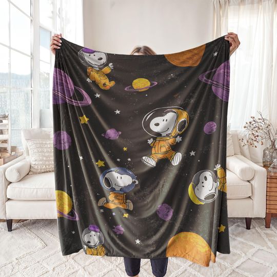 Discover Minky Blanket, Sherpa Fleece, Velveteen Plush, Snoopy The Astronaut, Outer Space Adventure, Galaxy Planets Kids Room Decor, Birthday Gift