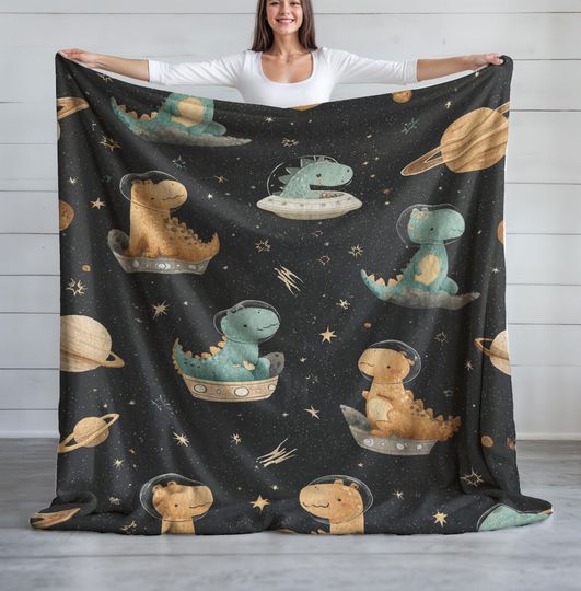Discover Minky Blanket, Sherpa Fleece, Velveteen Plush, Space T-Rex, Dino Space Adventure, Kids Dinosaur Astronaut, Toddler Space Exploration