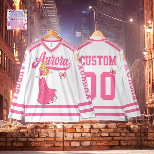 Discover Custom Disney Aurora hockey jersey, personalized Sleeping Beauty design. Perfect gift for hockey fans and team outfits.