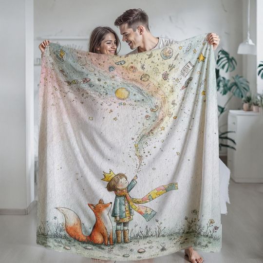 Discover Minky Blanket, Sherpa Fleece, Velveteen Plush, Little Prince, Fox Friend Storybook, Nursery Decor , Whimsical Galaxy Art, For Kids Room