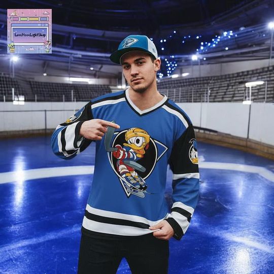 Discover Disney Donald Duck hockey jersey since 1934. Sporty ice sweater, perfect for Disneyland family matching outfits.