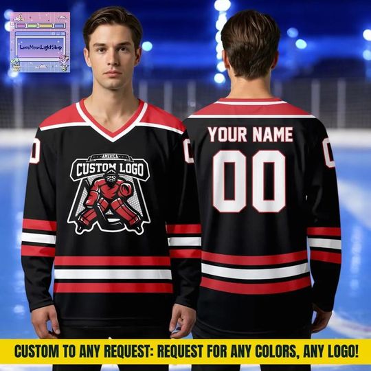 Discover Custom ice hockey jersey sweatshirt with personalized name and number. Men, women, youth sizes, perfect fan gift.