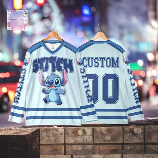 Discover Personalized Stitch hockey jersey, custom Disney Lilo & Stitch shirt. Perfect team outfit, Disneyland vacation tee, or birthday gift.