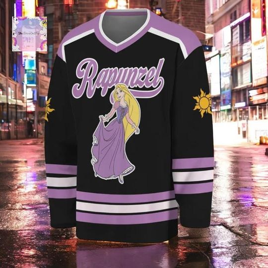 Discover Custom Disney Rapunzel hockey jersey, perfect for Disneyland trips, hockey teams, or as a gift for Disney fans.