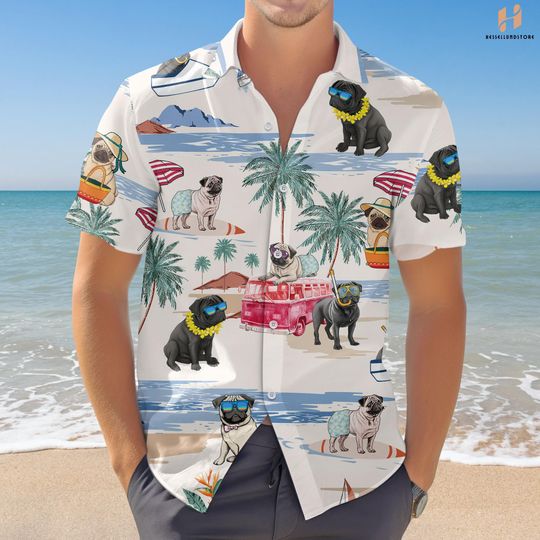 Discover Hawaiian Pug Dog Button Shirt for Men and Women