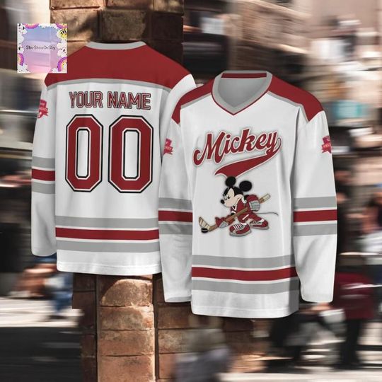 Discover Personalized Mickey Hockey Warrior jersey sweatshirt, ideal for team sports, Disneyland trips, family vacations, or birthday gifts for fans.