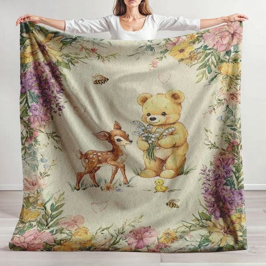 Discover Minky Blanket, Sherpa Fleece, Velveteen Plush, Woodland Animals, Cottagecore Bear And Fawn, Baby Gift For New Mom, Vintage Nursery Decor