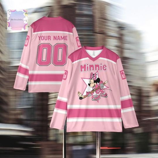 Discover Personalized Minnie hockey jersey sweatshirt, perfect for team sports, Disneyland trips, birthdays, or fan gifts.