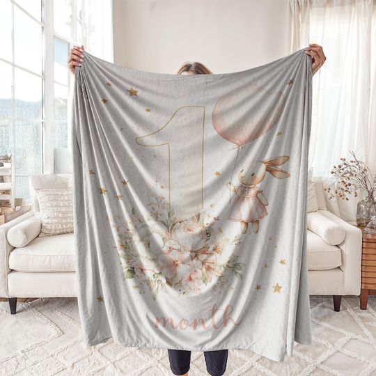 Sherpa Fleece, Velveteen Plush, One Month Baby, Infant Month Marker Blanket, Cute Bunny Illustration, Family Keepsake