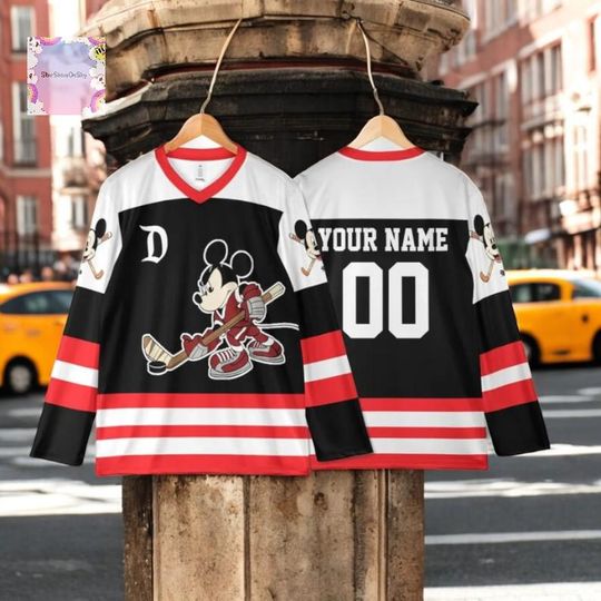 Discover Disney Mickey and Minnie hockey jersey with custom name and number. Youth and adult sizes, perfect for hockey fans.