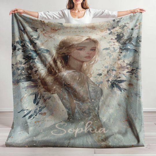 Discover Minky Blanket, Sherpa Fleece, Velveteen Plush, Personalized Angel, Custom Name Fantasy Art, Guardian Angel, Ethereal Birthday Present