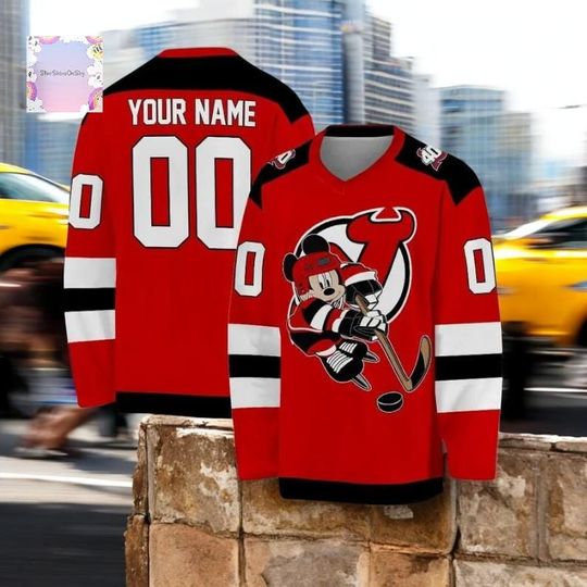 Discover Personalized Devils ice hockey jersey with Mickey Mouse design. Custom fan jersey for Jack and Luke Hughes supporters.